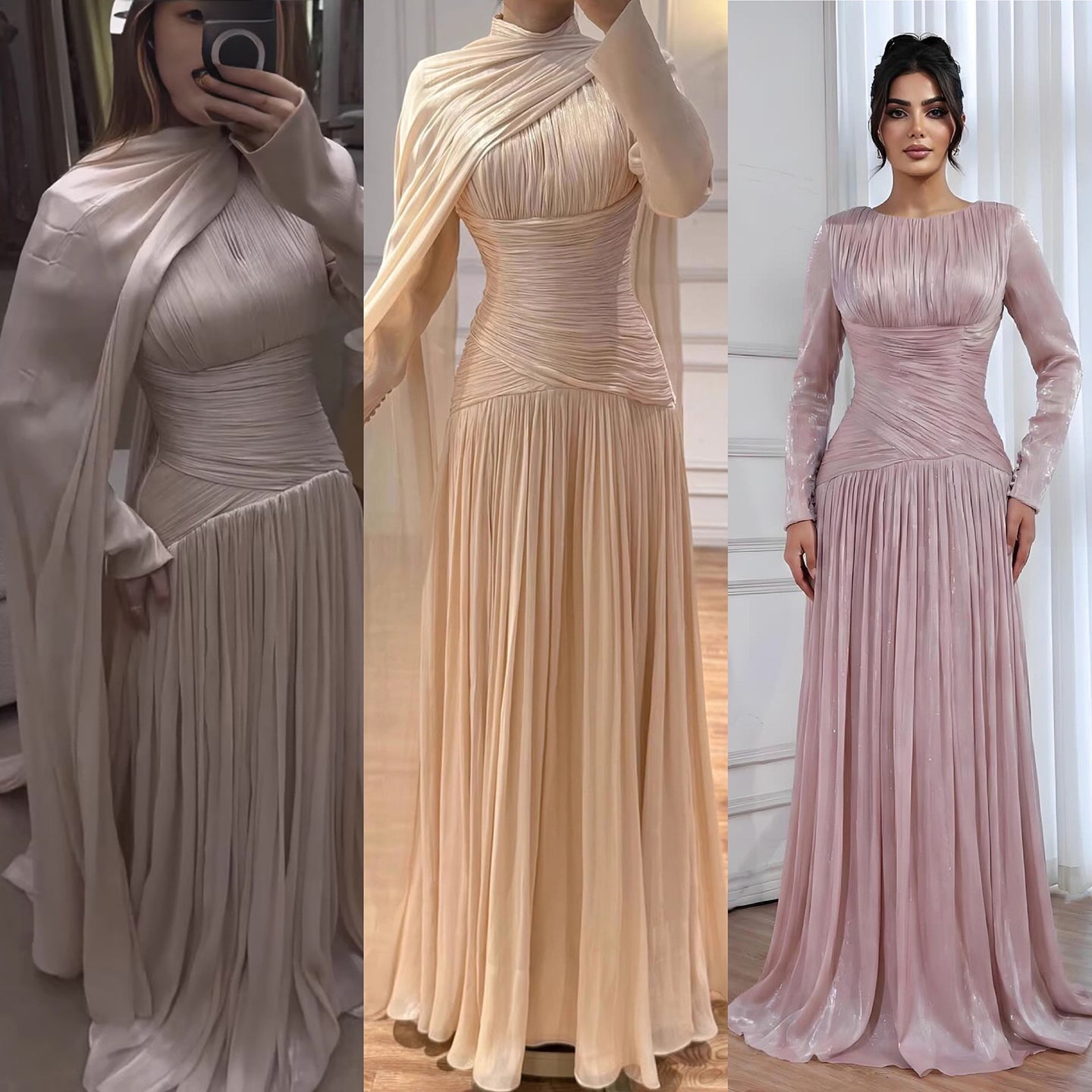 Modest Beige Corset Long Evening Dress With Cape LA73418 - SERENE  HILL