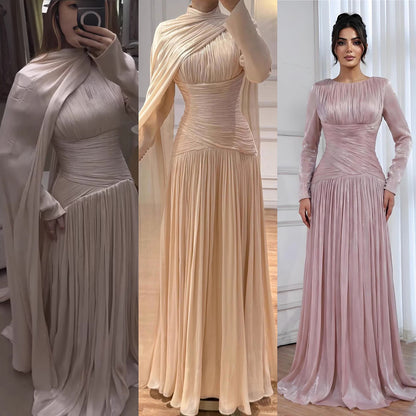 Modest Beige Corset Long Evening Dress With Cape LA73418 - SERENE  HILL