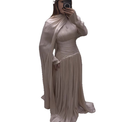 Modest Beige Corset Long Evening Dress With Cape LA73418 - SERENE  HILL