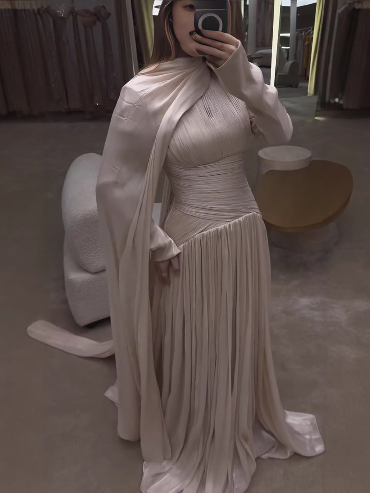 Modest Beige Corset Long Evening Dress With Cape LA73418 - SERENE  HILL