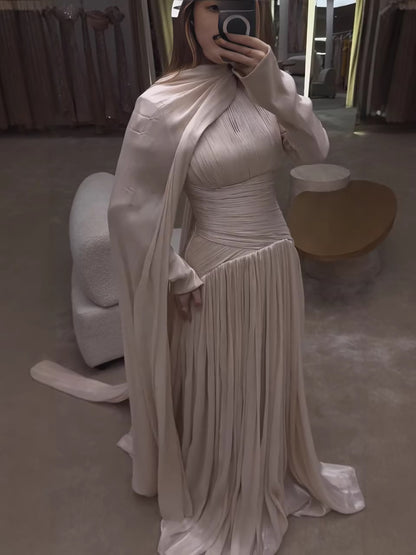 Modest Beige Corset Long Evening Dress With Cape LA73418 - SERENE  HILL
