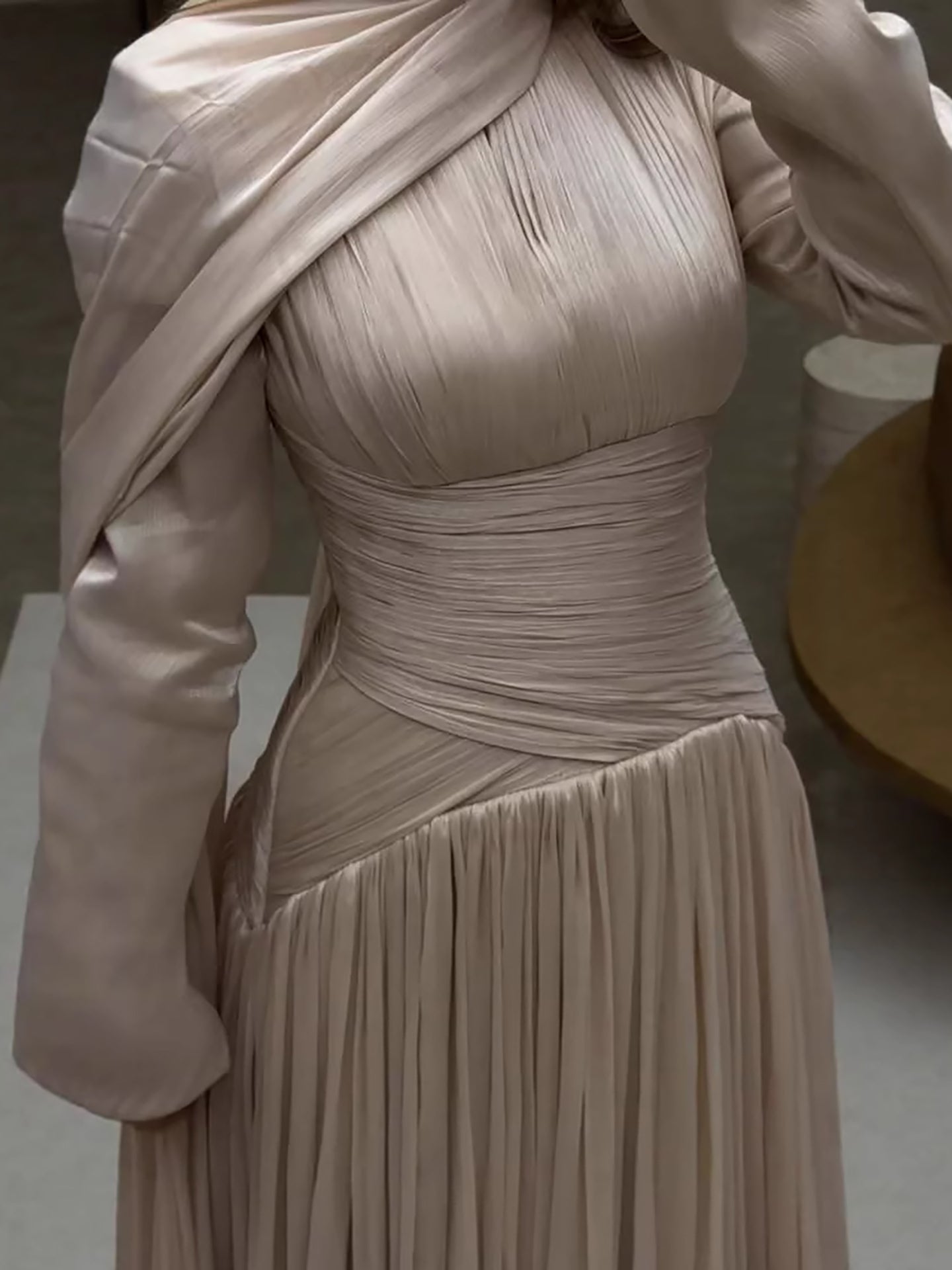Modest Beige Corset Long Evening Dress With Cape LA73418 - SERENE  HILL