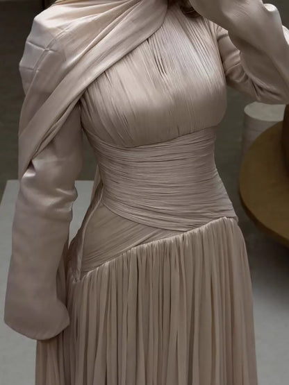 Modest Beige Corset Long Evening Dress With Cape LA73418 - SERENE  HILL
