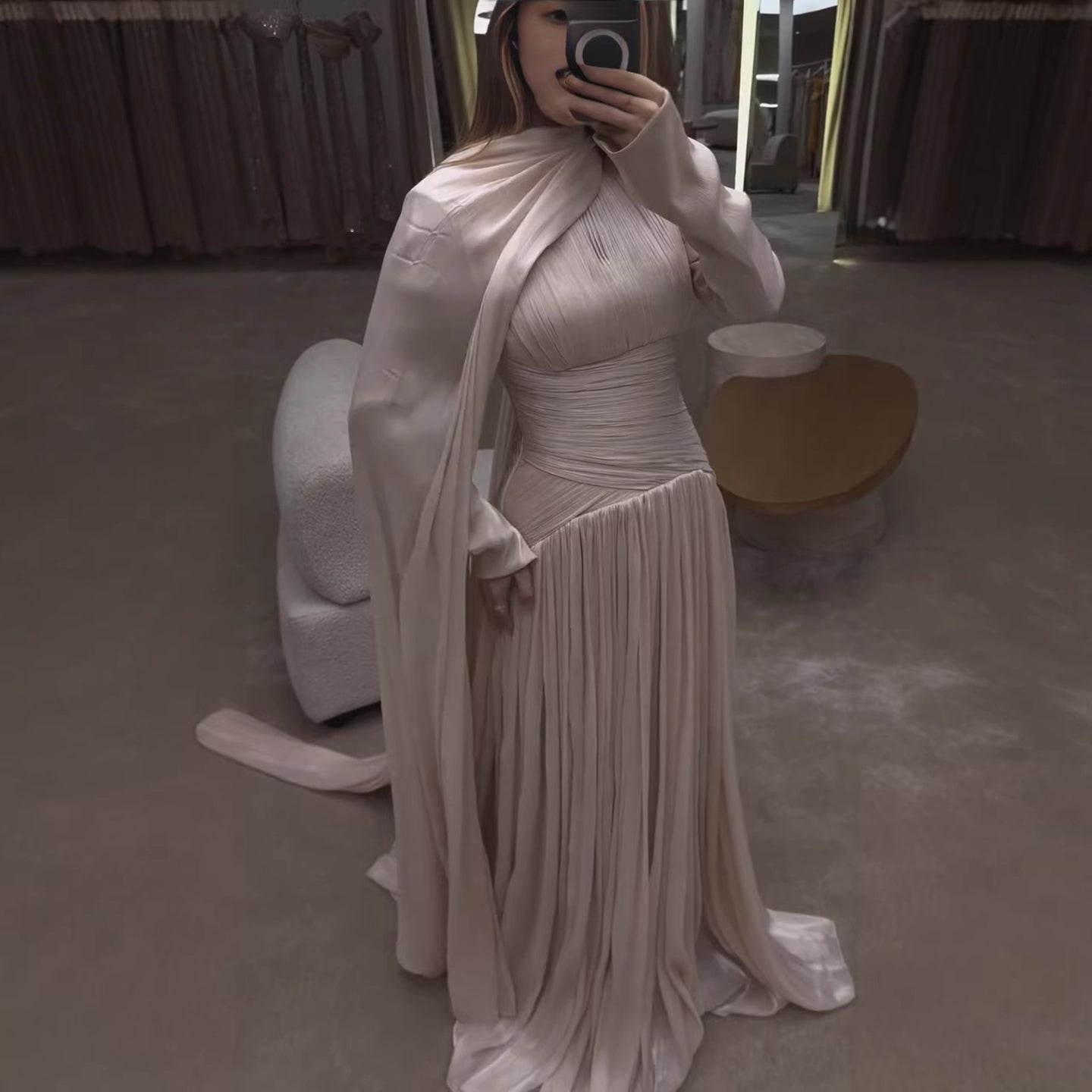 Modest Beige Corset Long Evening Dress With Cape LA73418 - SERENE  HILL