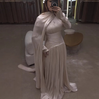Modest Beige Corset Long Evening Dress With Cape LA73418 - SERENE  HILL