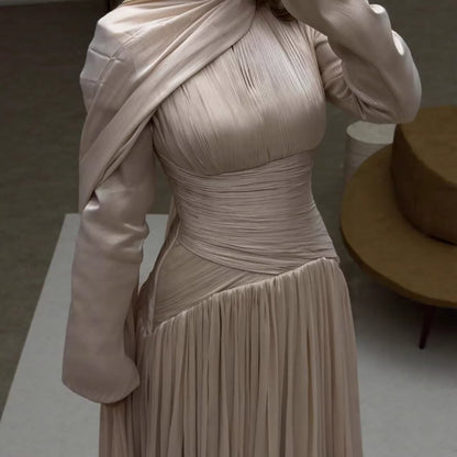 Modest Beige Corset Long Evening Dress With Cape LA73418 - SERENE  HILL