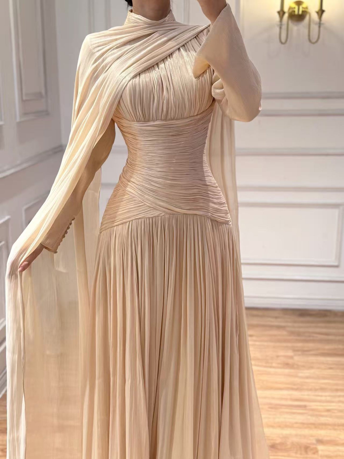women's dresses for a beach wedding Modest Knee Length Tulle Prom Formal Dress CC3004 Size 16 / Champagne main image 0
