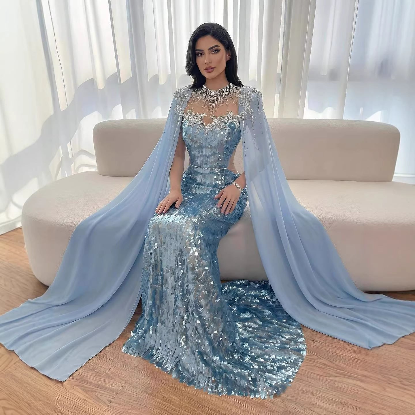 Luxury Dubai Blue Mermaid Evening Dress with Cape LA73419