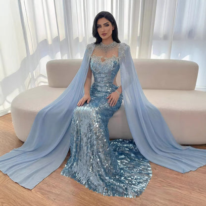 Luxury Dubai Blue Mermaid Evening Dress with Cape LA73419