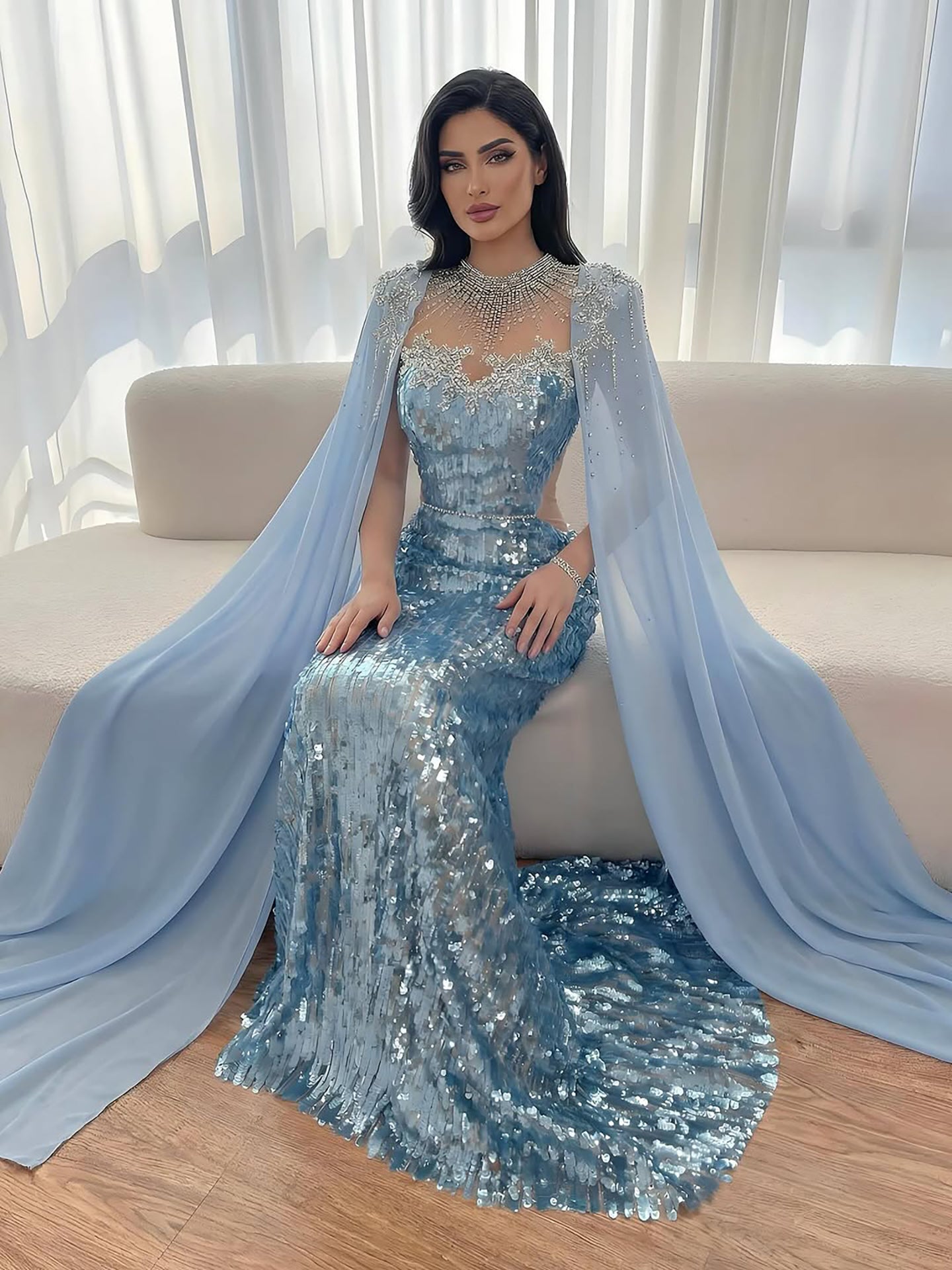 Luxury Dubai Blue Mermaid Evening Dress with Cape LA73419