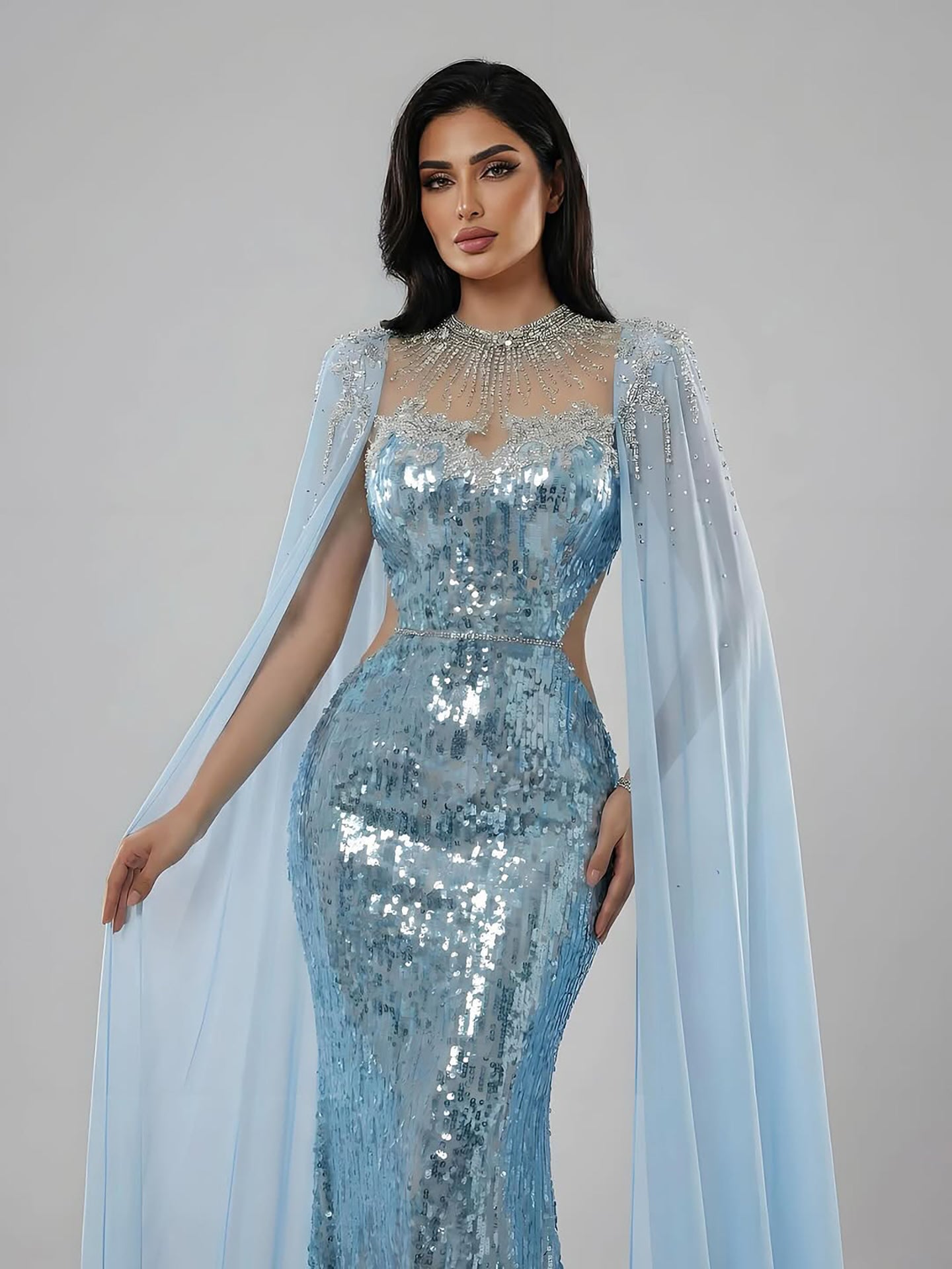 Luxury Dubai Blue Mermaid Evening Dress with Cape LA73419