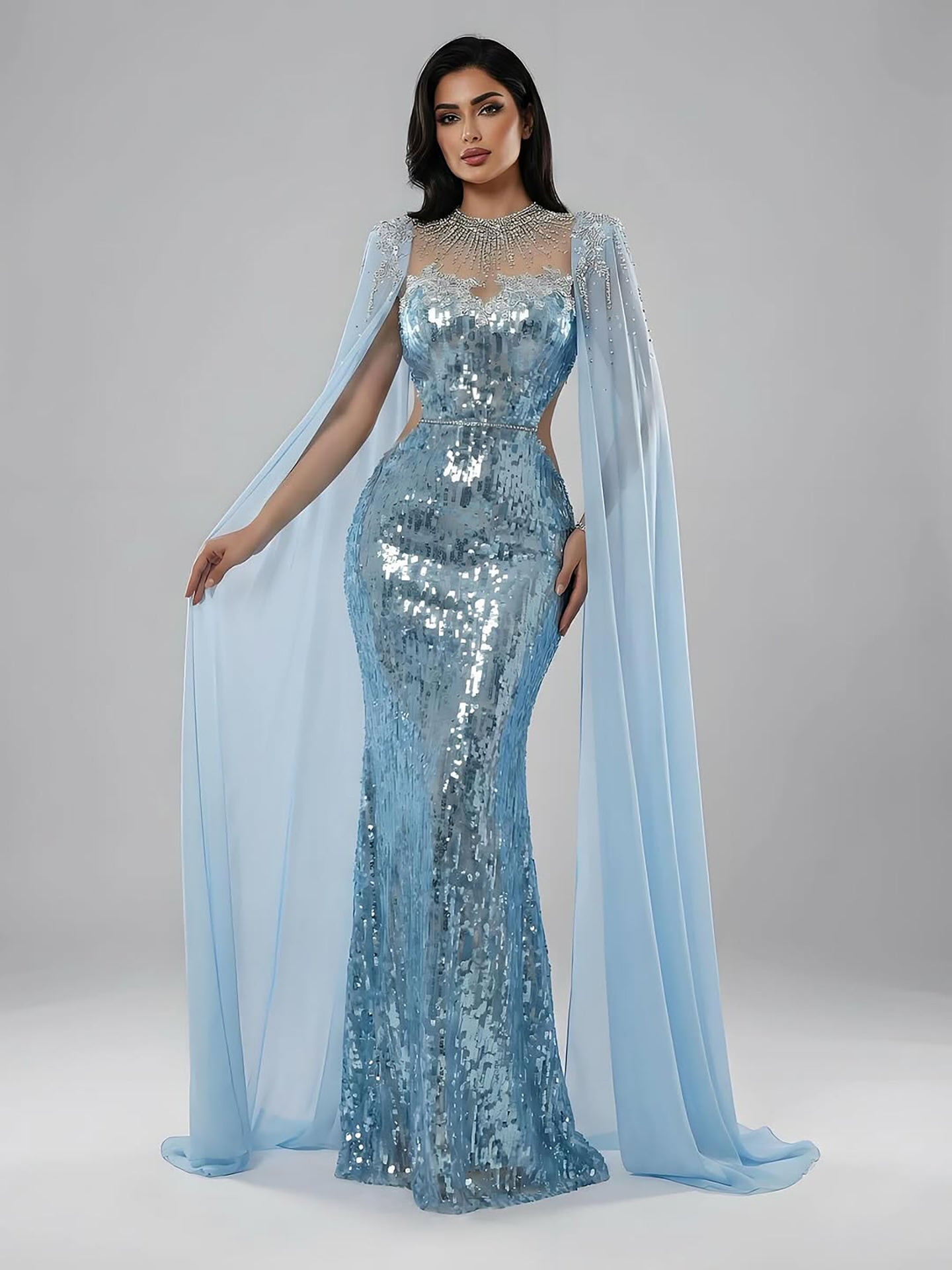 Luxury Dubai Blue Mermaid Evening Dress with Cape LA73419