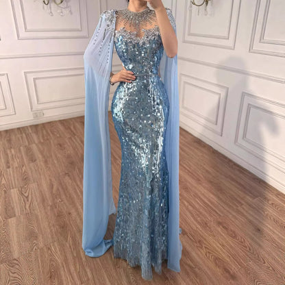 Luxury Dubai Blue Mermaid Evening Dress with Cape LA73419
