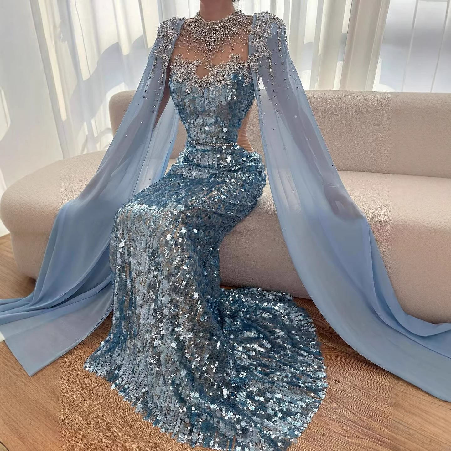 Luxury Dubai Blue Mermaid Evening Dress with Cape LA73419