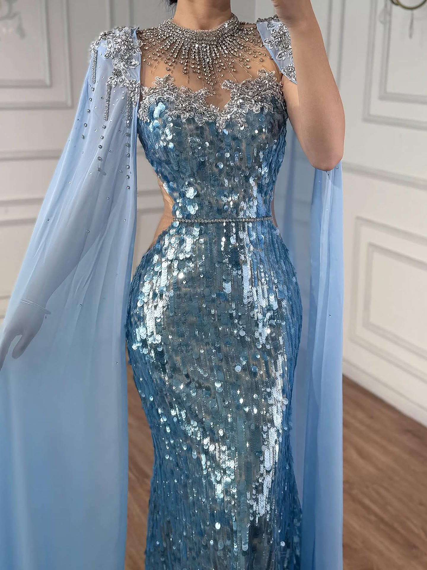 Luxury Dubai Blue Mermaid Evening Dress with Cape LA73419