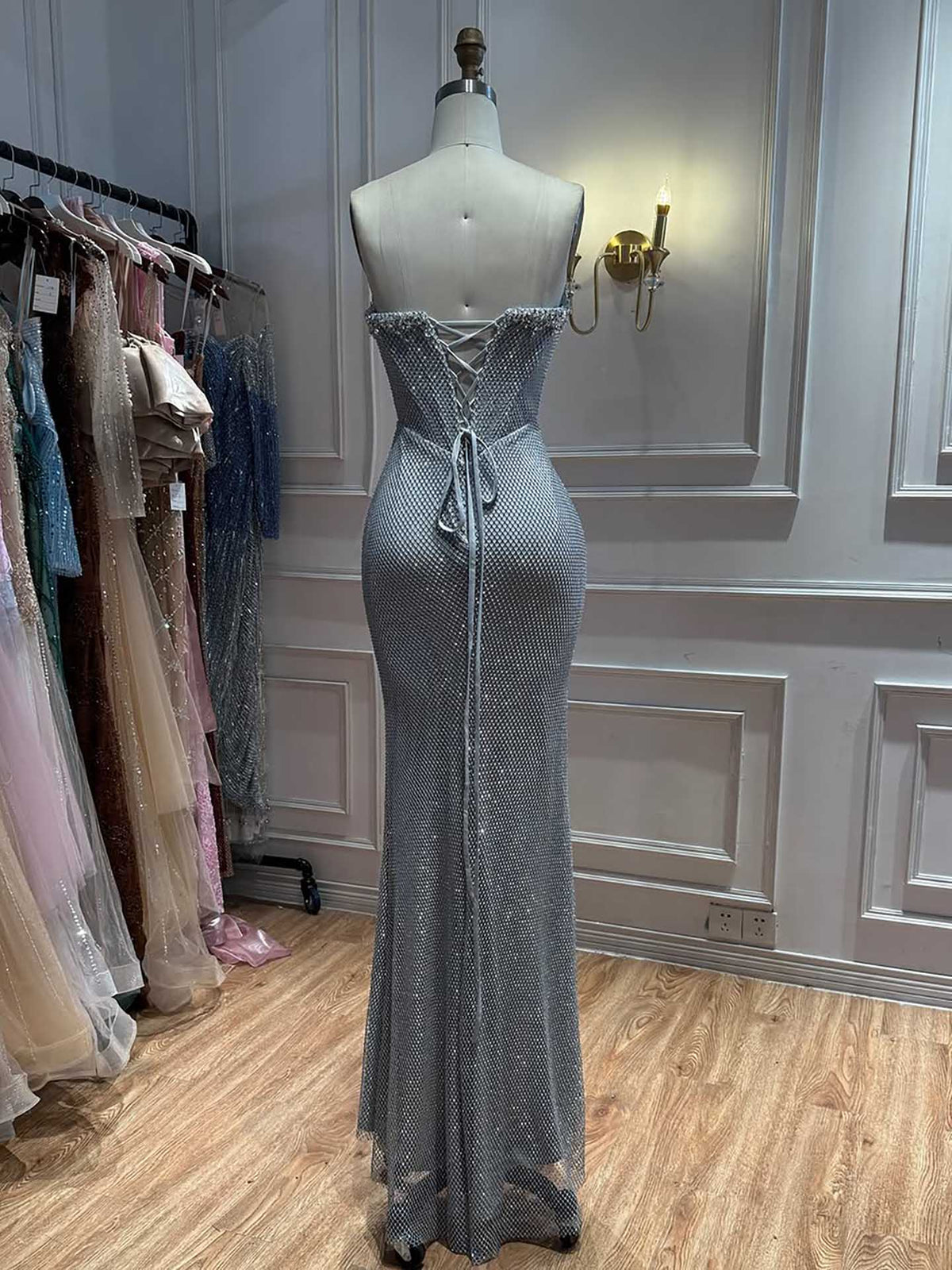 Luxury Nude Crystal Beaded Mermaid Evening Dress with Long Gloves LA73422