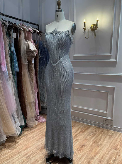 Luxury Nude Crystal Beaded Mermaid Evening Dress with Long Gloves LA73422