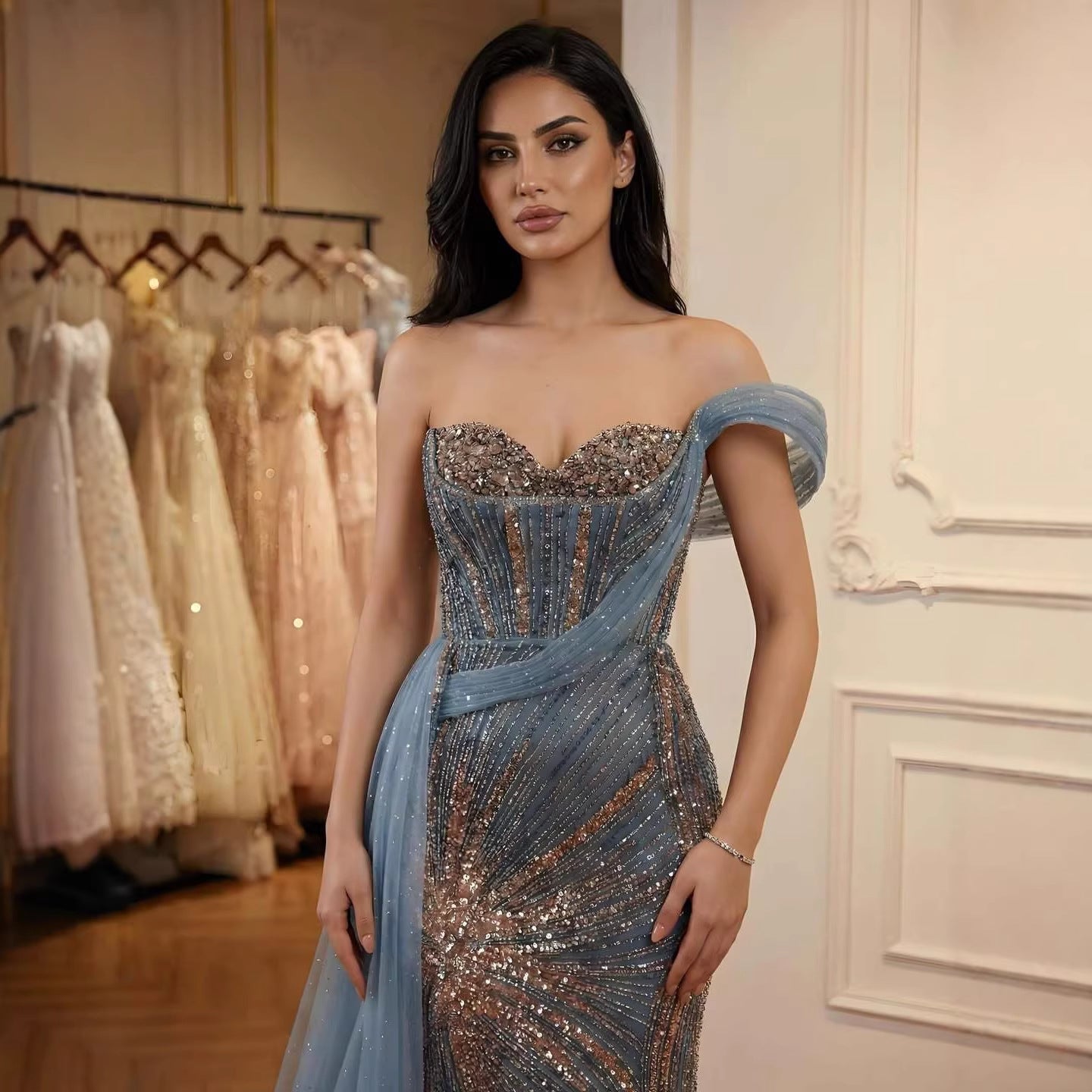 Luxury Blue Crystal Beaded One Shoulder Mermaid Evening Dress LA73425 - SERENE  HILL