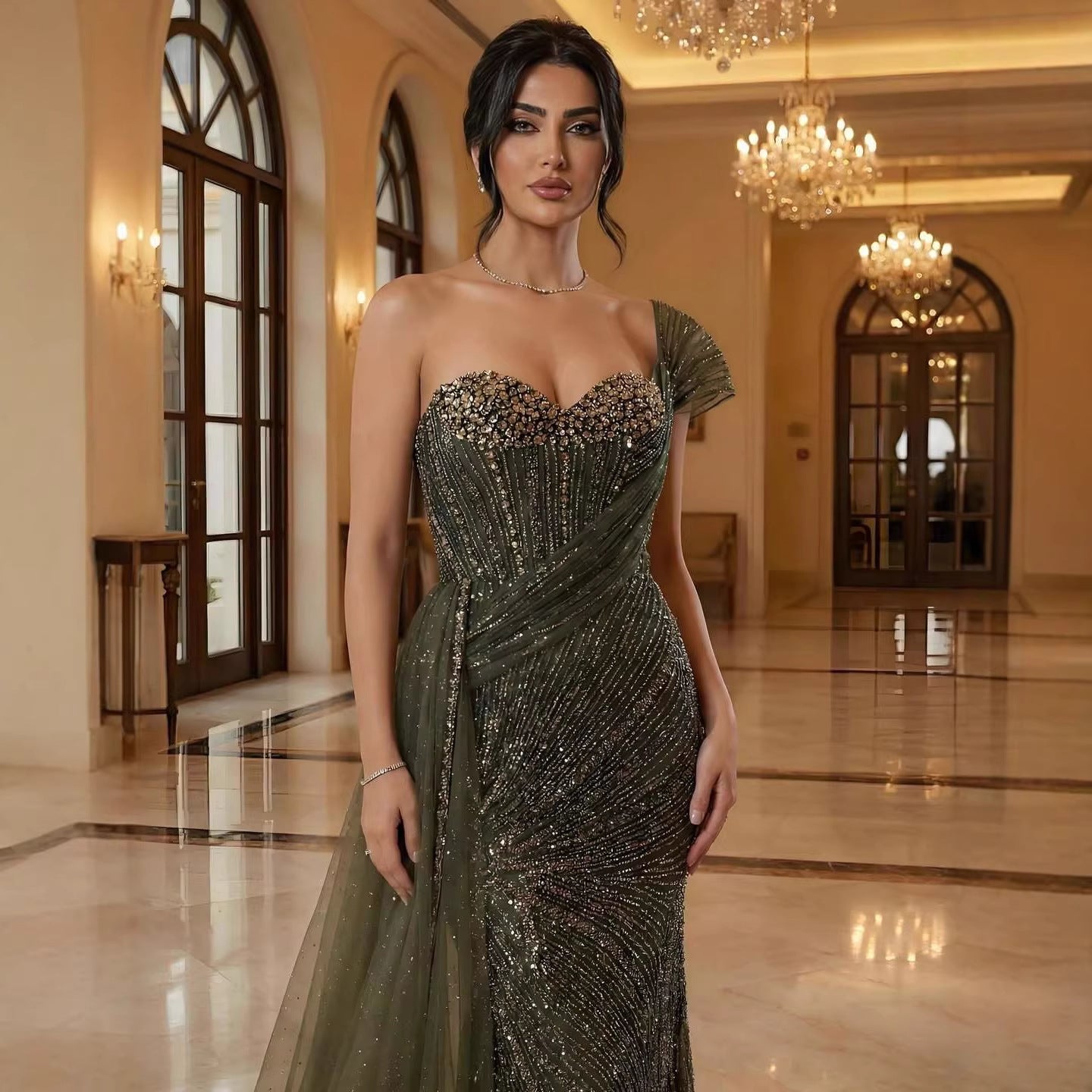 Luxury Blue Crystal Beaded One Shoulder Mermaid Evening Dress LA73425 - SERENE  HILL