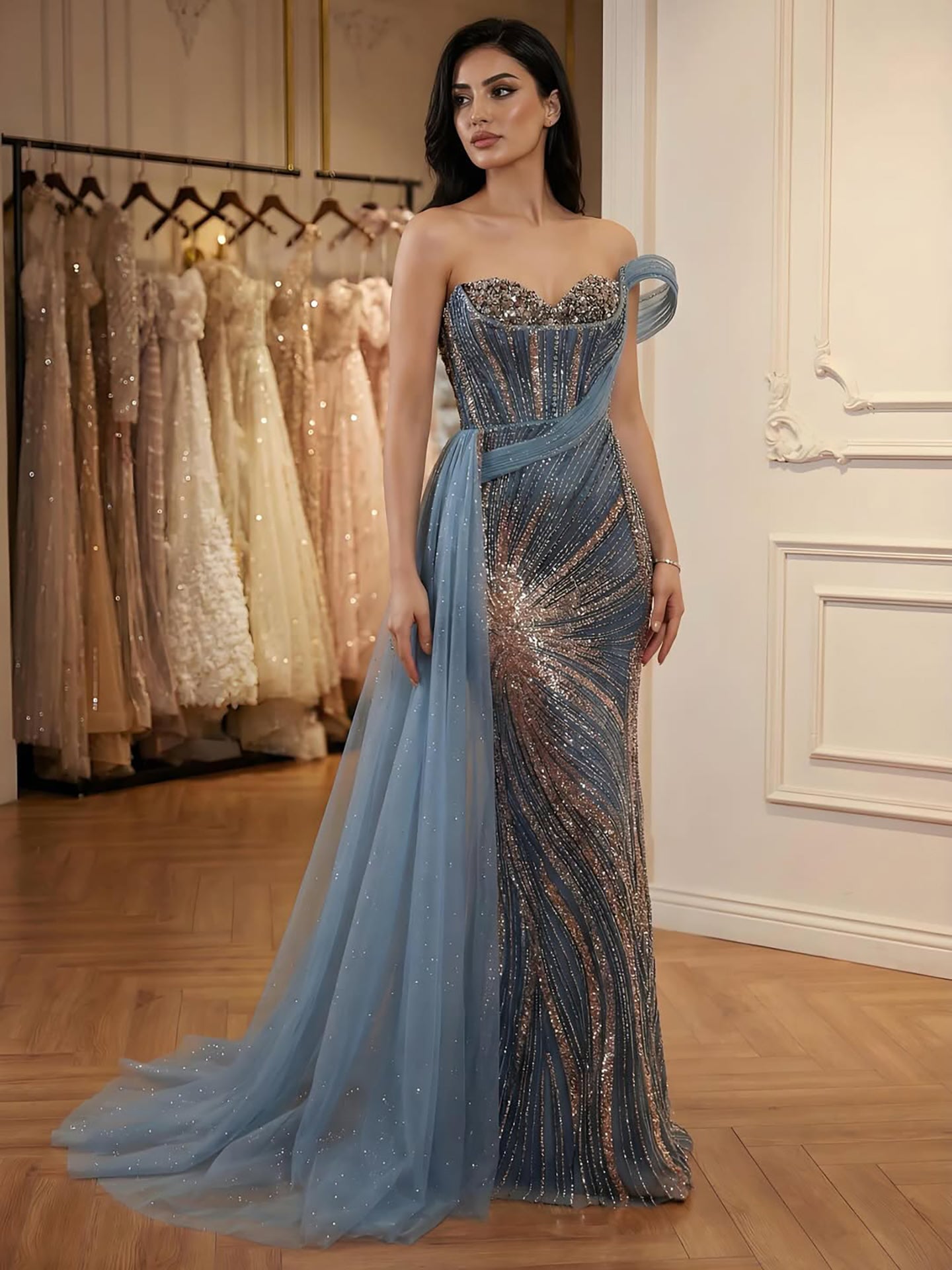 Luxury Blue Crystal Beaded One Shoulder Mermaid Evening Dress LA73425 - SERENE  HILL