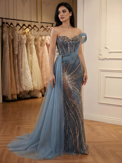 Luxury Blue Crystal Beaded One Shoulder Mermaid Evening Dress LA73425 - SERENE  HILL