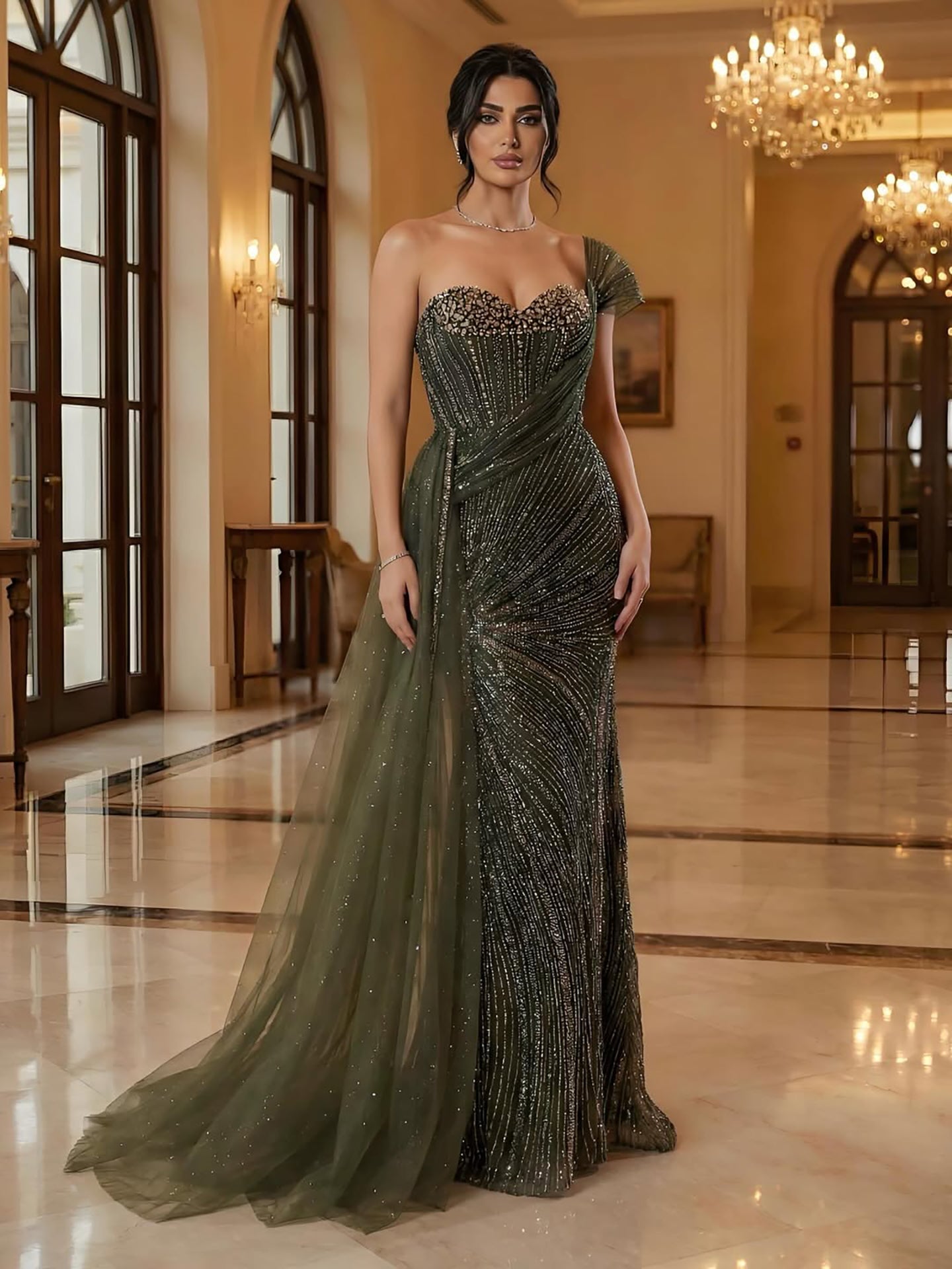 Luxury Blue Crystal Beaded One Shoulder Mermaid Evening Dress LA73425 - SERENE  HILL
