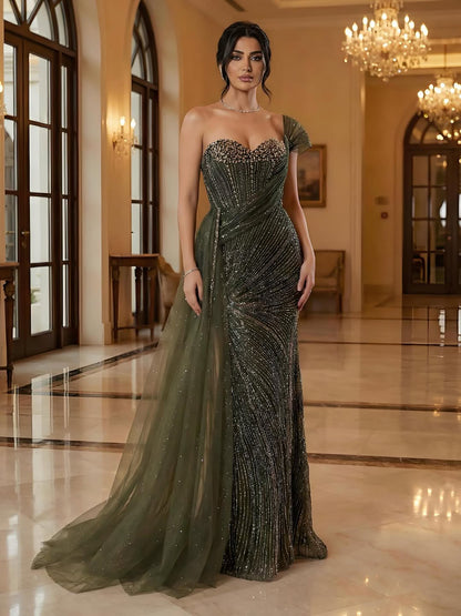 Luxury Blue Crystal Beaded One Shoulder Mermaid Evening Dress LA73425 - SERENE  HILL