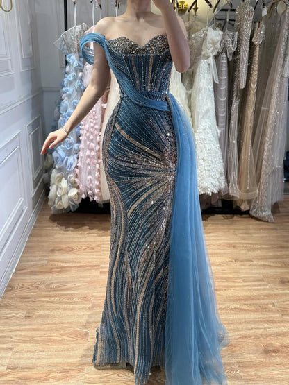 Luxury Blue Crystal Beaded One Shoulder Mermaid Evening Dress LA73425 - SERENE  HILL