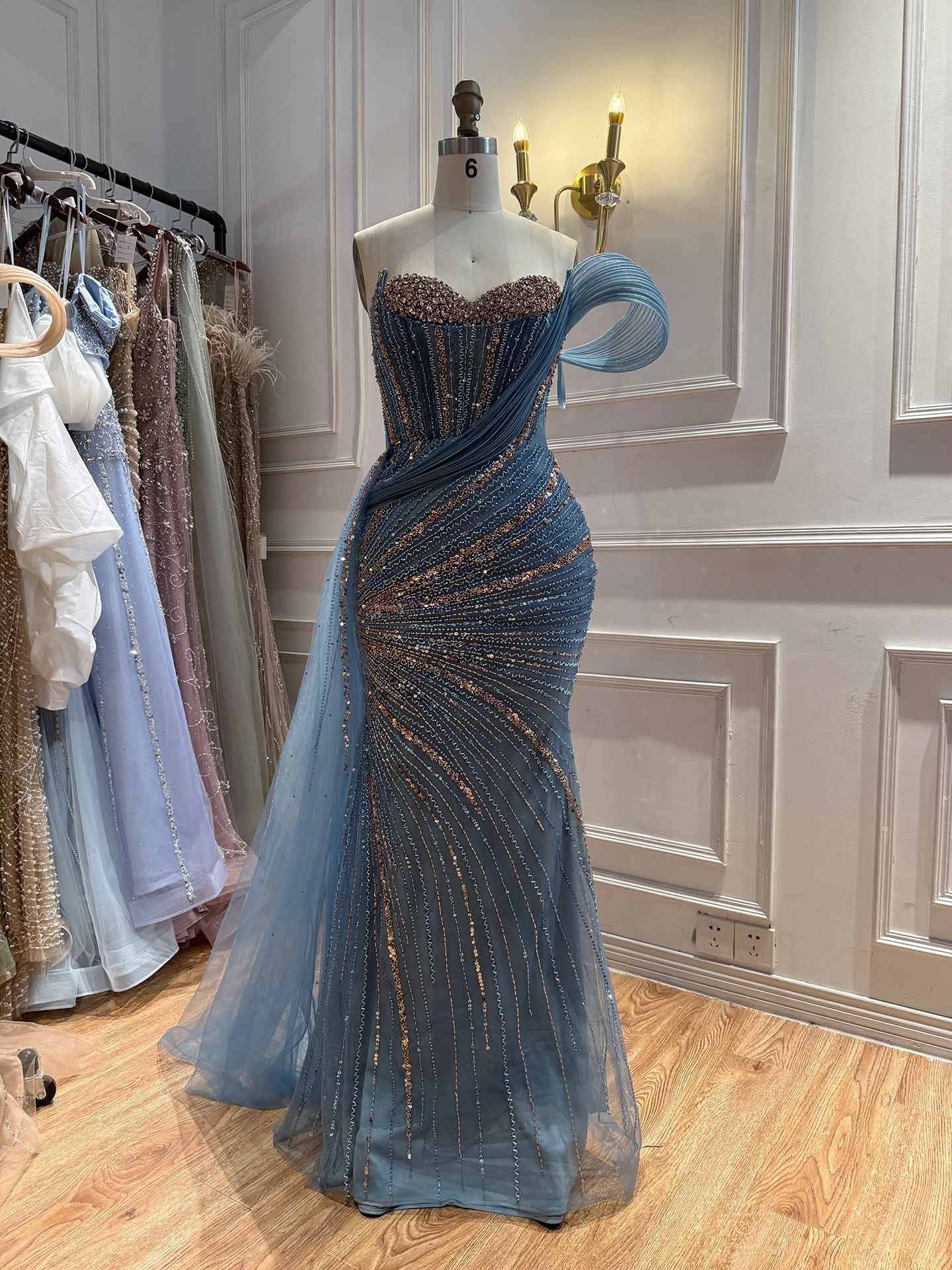 Luxury Nude Sequin Beaded Mermaid Dress With High Slit LA73425B SERENE HILL