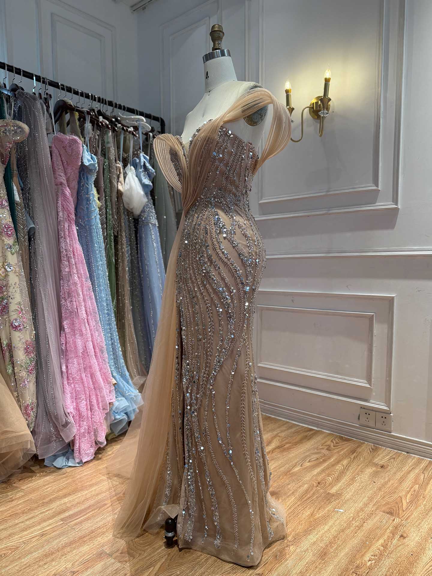 Luxury Nude Sequin Beaded Mermaid Dress With High Slit LA73425B SERENE HILL
