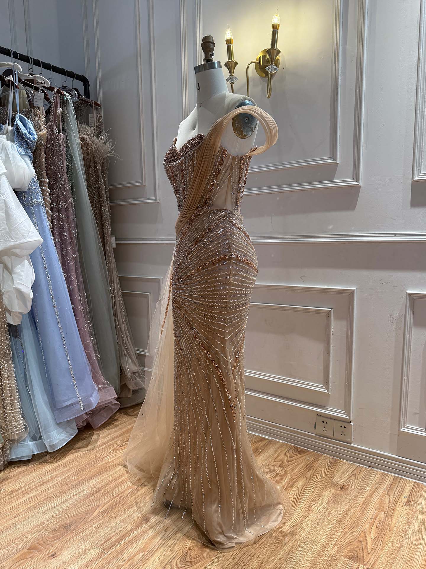 Luxury Nude Sequin Beaded Mermaid Dress With High Slit LA73425B SERENE HILL