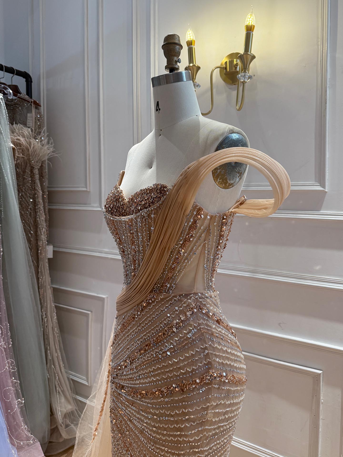 Luxury Nude Sequin Beaded Mermaid Dress With High Slit LA73425B SERENE HILL