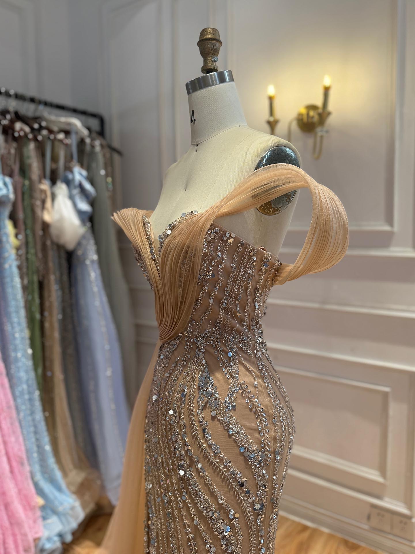 Luxury Nude Sequin Beaded Mermaid Dress With High Slit LA73425B SERENE HILL