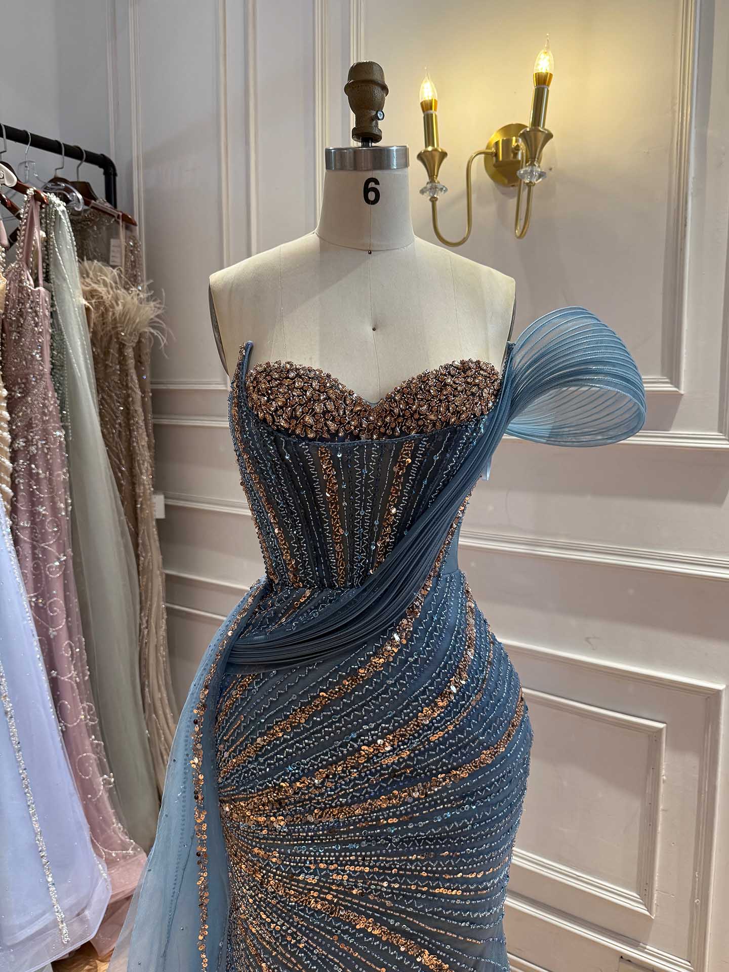 Luxury Nude Sequin Beaded Mermaid Dress With High Slit LA73425B SERENE HILL