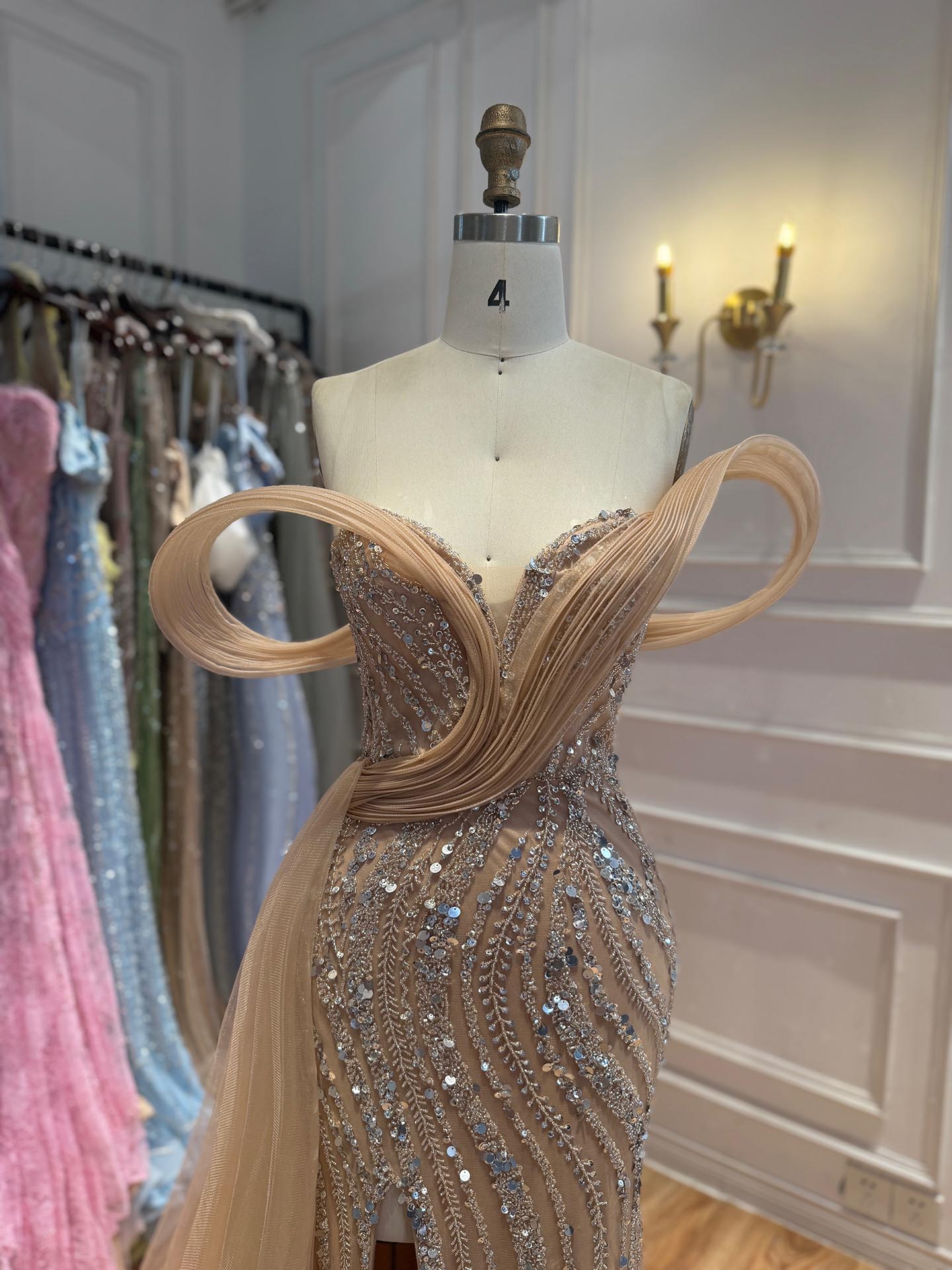 Luxury Nude Sequin Beaded Mermaid Dress With High Slit LA73425B SERENE HILL