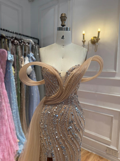 Luxury Nude Sequin Beaded Mermaid Dress With High Slit LA73425B SERENE HILL