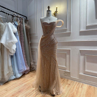 Luxury Nude Sequin Beaded Mermaid Dress With High Slit LA73425B SERENE HILL