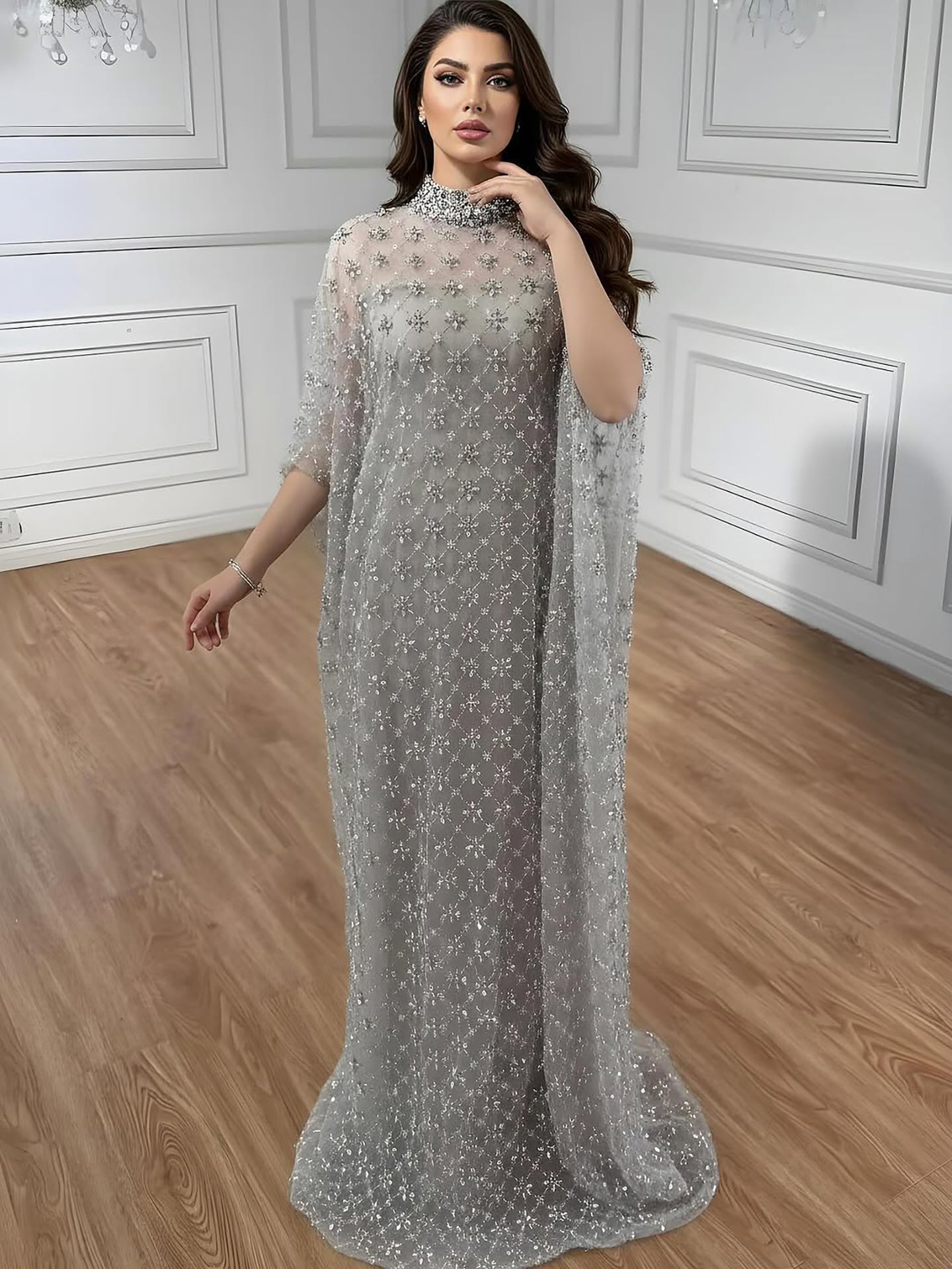 grey beaded cocktail dress Scala 61404 Long Fitted Prom Formal Beaded Dress main image 0