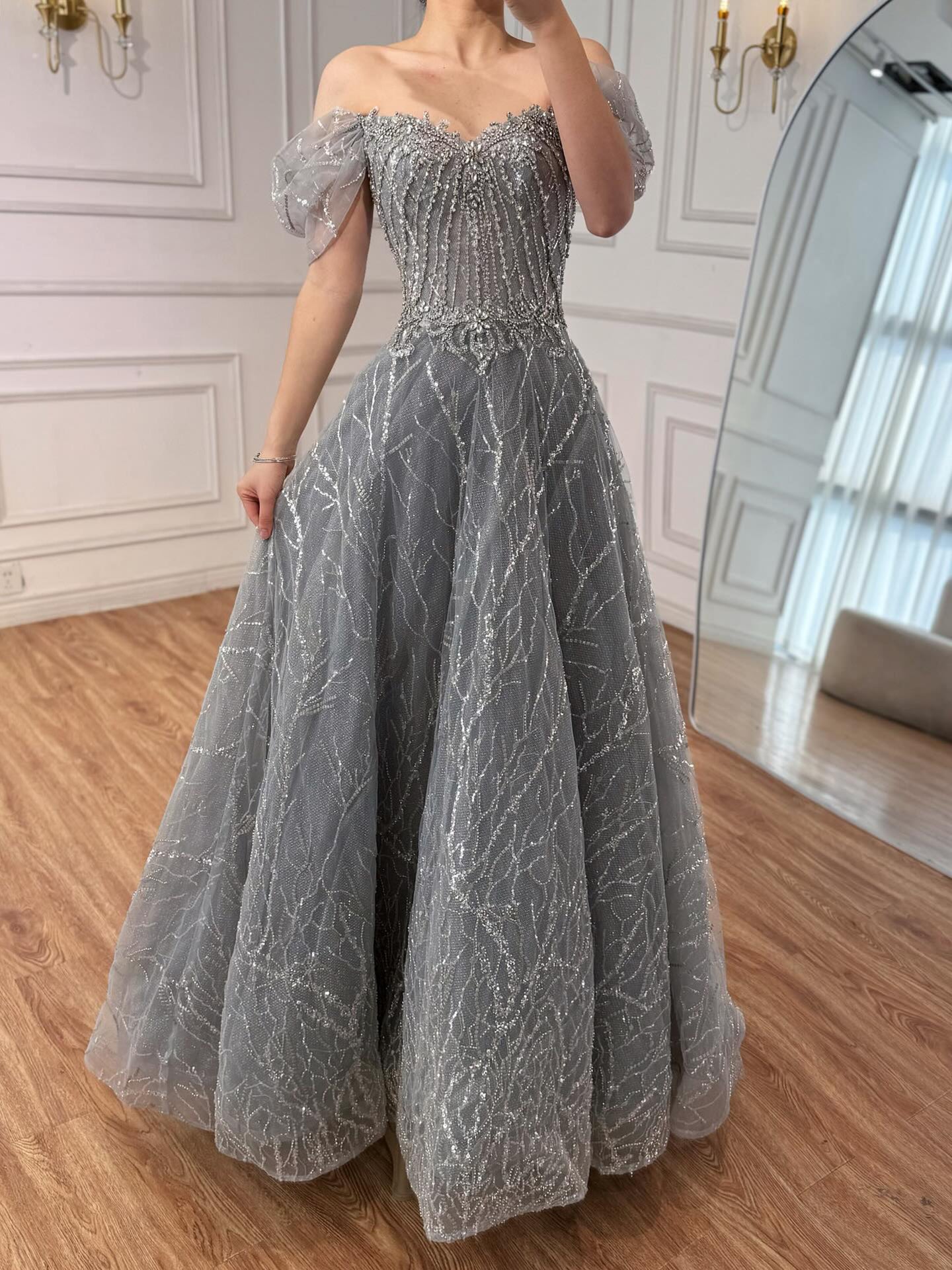 grey beaded cocktail dress Long Sleeve V Neck Beaded Cocktail Dress main image 1