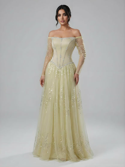 Luxury Arabic Blue Off Shoulder Beaded A-Line Evening Dress with Sleeves LA73464