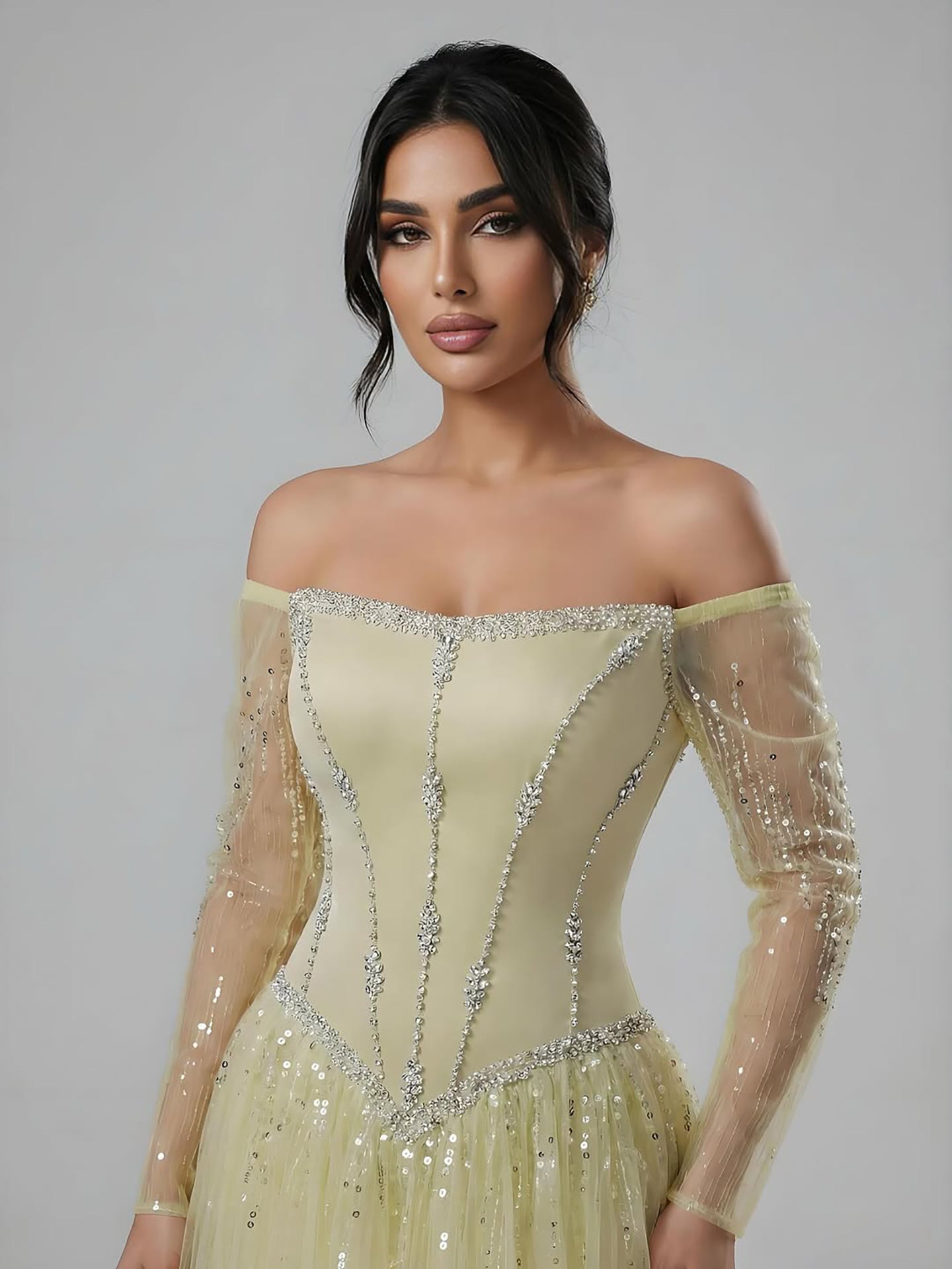 Luxury Arabic Blue Off Shoulder Beaded A-Line Evening Dress with Sleeves LA73464
