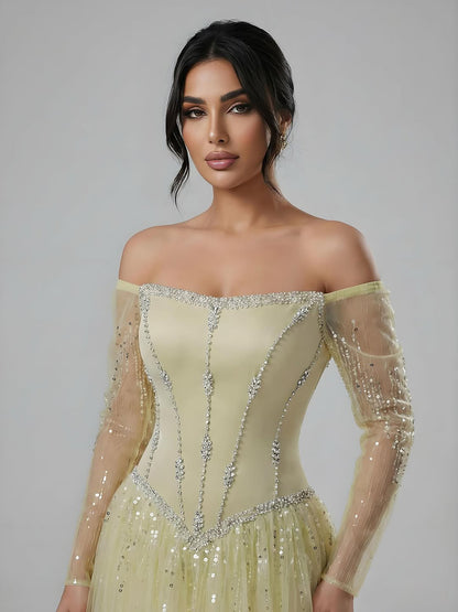 Luxury Arabic Blue Off Shoulder Beaded A-Line Evening Dress with Sleeves LA73464