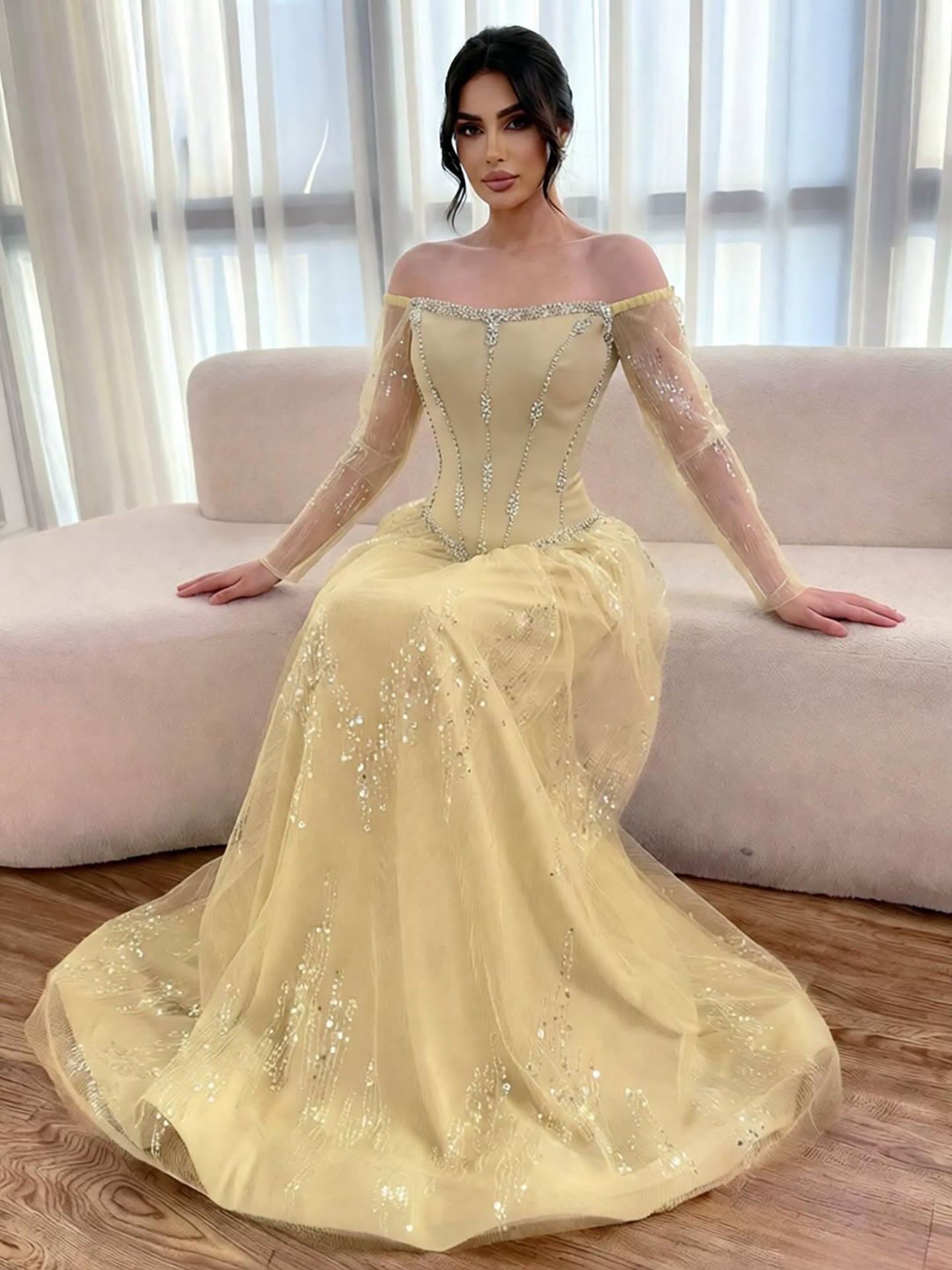 Luxury Arabic Blue Off Shoulder Beaded A-Line Evening Dress with Sleeves LA73464