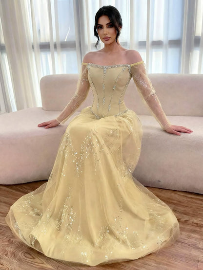 Luxury Arabic Blue Off Shoulder Beaded A-Line Evening Dress with Sleeves LA73464