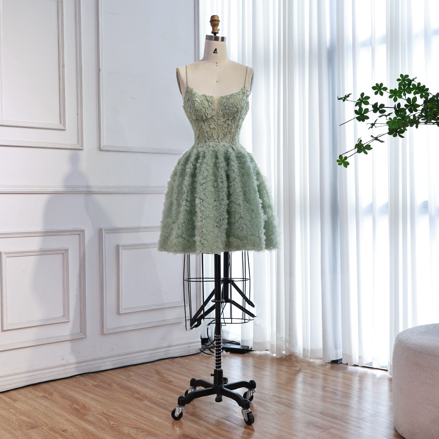 Sage Green A-Line Spaghetti Strap Mini Tulle Homecoming Dress LA73433