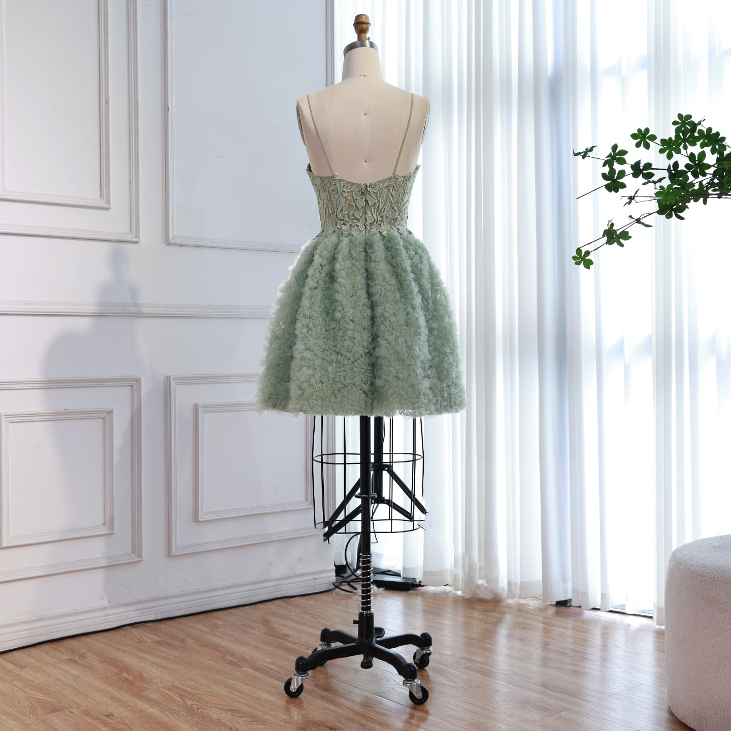 Sage Green A-Line Spaghetti Strap Mini Tulle Homecoming Dress LA73433