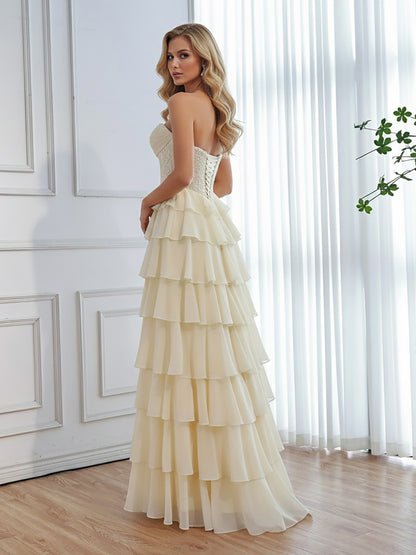 Luxury Yellow Pearl Lace Strapless Beaded Corset A-Line Evening Dress LA73434