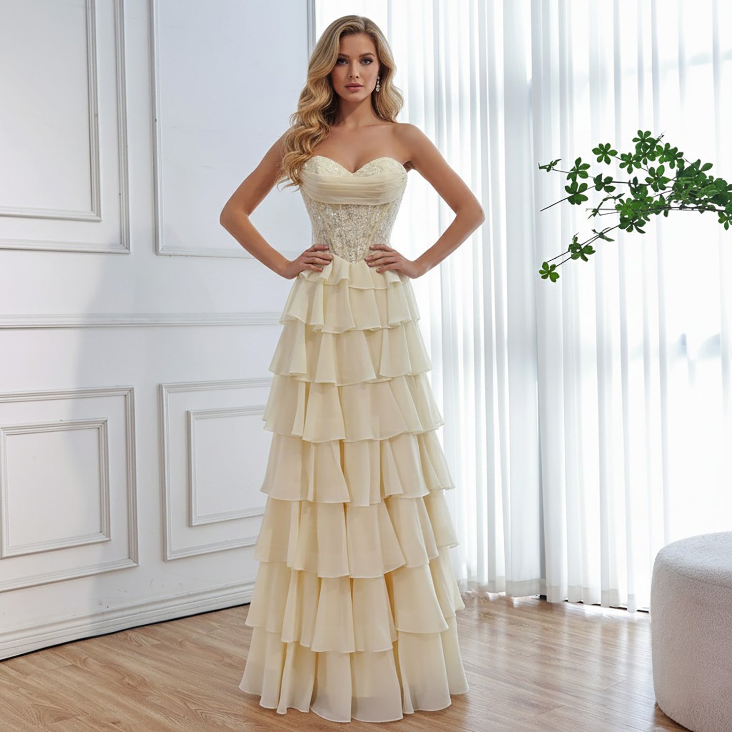 Luxury Yellow Pearl Lace Strapless Beaded Corset A-Line Evening Dress LA73434