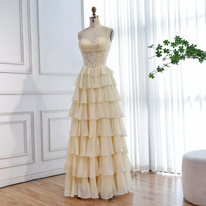 Luxury Yellow Pearl Lace Strapless Beaded Corset A-Line Evening Dress LA73434