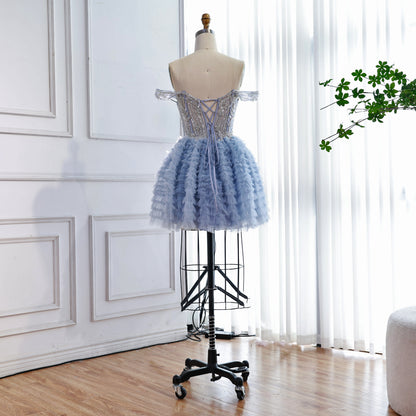 Luxury Blue A-Line Off Shoulder Mini Tulle Beaded Homecoming Dress LA73435